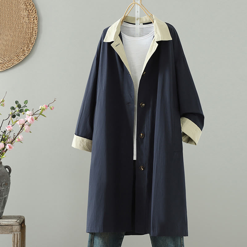 Buddha Stones Fall Lapel Buttons Patchwork Design Women's Cotton Long Sleeve Coat With Pockets - image 12