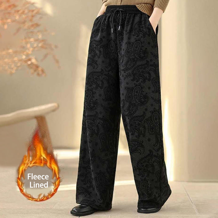 Buddha Stones Jacquard Paisley Pattern Women's Wide Leg Thermal Fleece-Lined Cotton Pants With Pockets - Black - US6，UK/AU10，EU38 (XL) - image 5