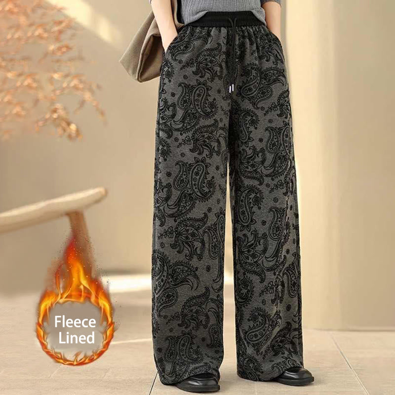 Buddha Stones Jacquard Paisley Pattern Women's Wide Leg Thermal Fleece-Lined Cotton Pants With Pockets - DimGray - US6，UK/AU10，EU38 (XL) - image 1