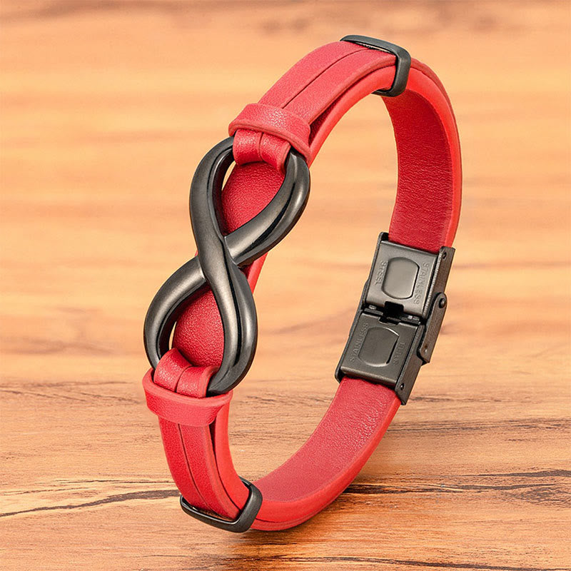Buddha Stones Infinitely Design Titanium Steel Multicolored Leather Strengthen Bracelet - Red Leather Black Buckle - 20-22cm - image 14