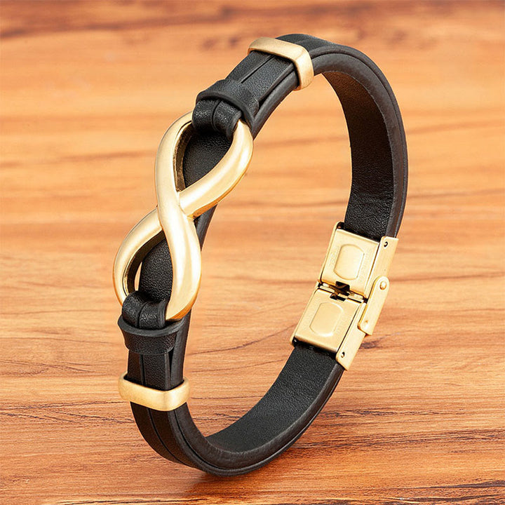 Buddha Stones Infinitely Design Titanium Steel Multicolored Leather Strengthen Bracelet - Black Leather Gold Buckle - 20-22cm - image 0