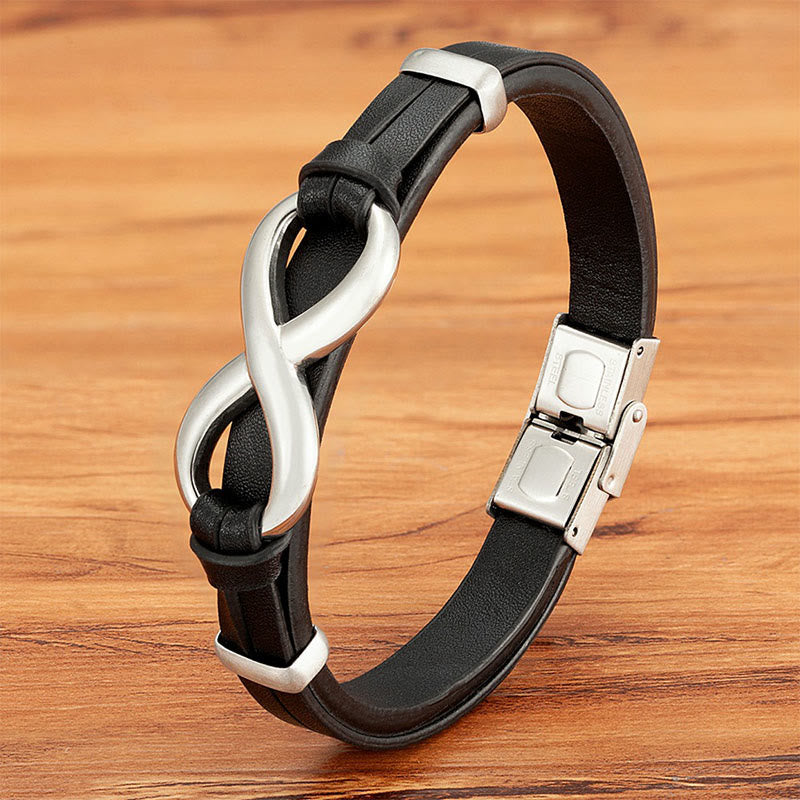 Buddha Stones Infinitely Design Titanium Steel Multicolored Leather Strengthen Bracelet - Black Leather Silver Buckle - 20-22cm - image 6