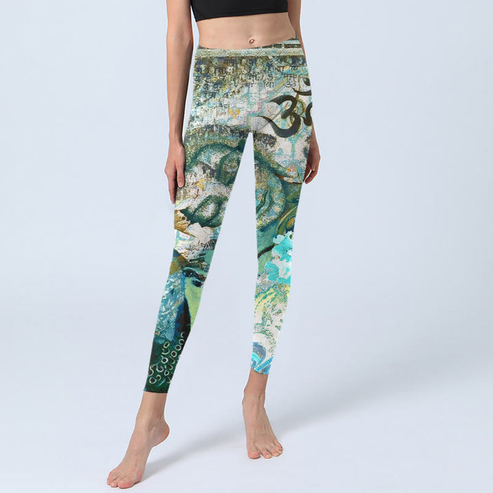 Buddha Stones Om Symbol Human Figure Peacock Lotus Pattern Print Gym Leggings Women's Yoga Pants - image 5