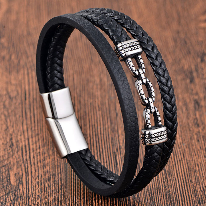 Buddha Stones Handmade Chain Link Design Titanium Steel Leather Strengthen Bracelet - Multi Layer(Wrist Circumference: 18-20cm) - image 0