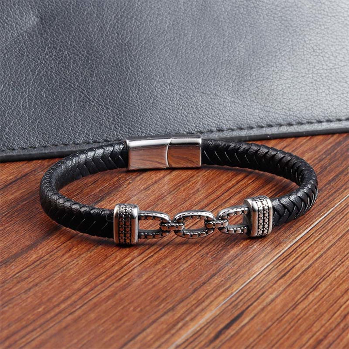Buddha Stones Handmade Chain Link Design Titanium Steel Leather Strengthen Bracelet - image 12