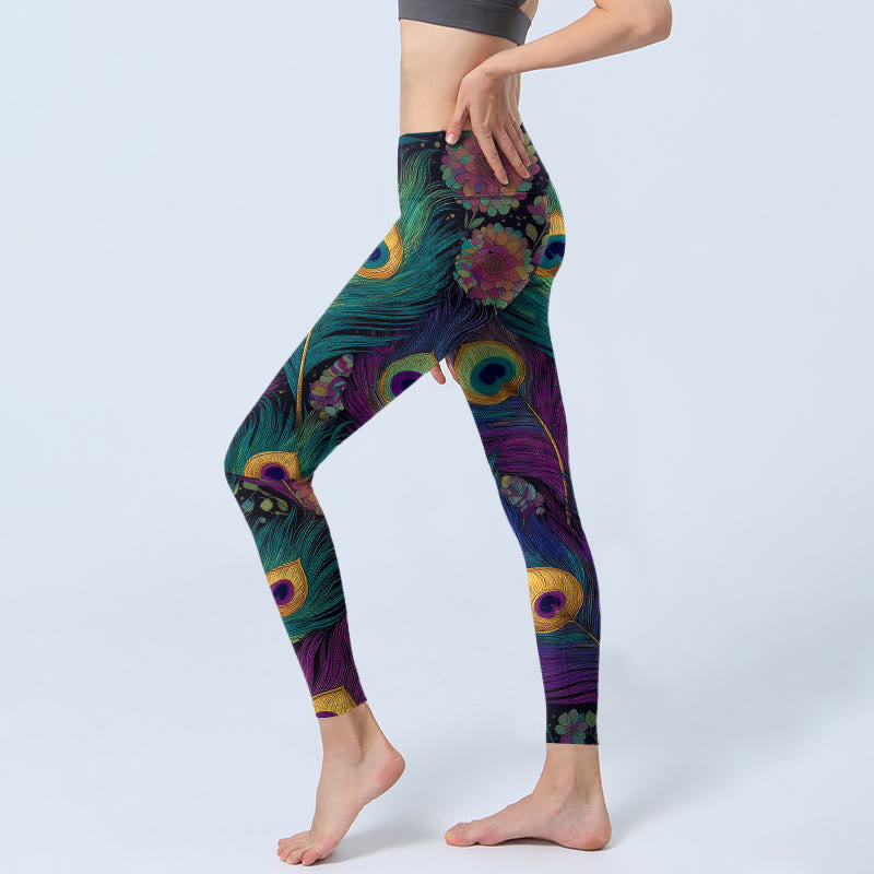 Buddha Stones Gorgeous Peacock Feather Flower Pattern Print Gym Leggings Women's Yoga Pants - image 2