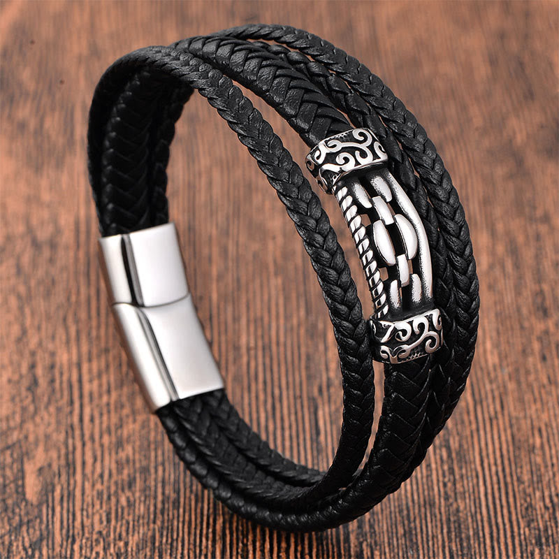 Buddha Stones Chain Link Design Titanium Steel Multi-layer Leather Balance Braided Bracelet - Multi Layer(Wrist Circumference: 18-20cm) - image 0