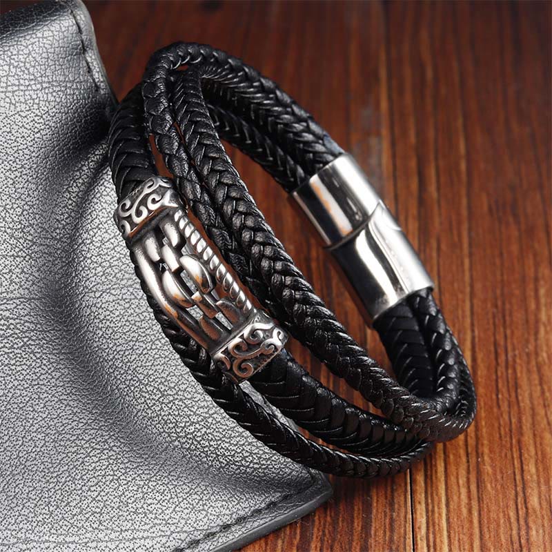 Buddha Stones Chain Link Design Titanium Steel Multi-layer Leather Balance Braided Bracelet - image 3
