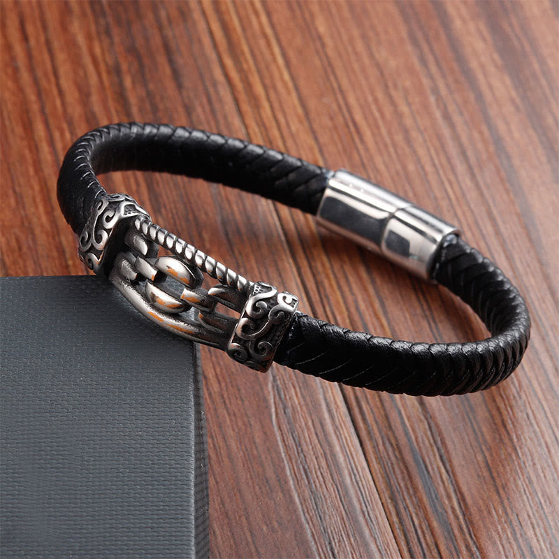 Buddha Stones Chain Link Design Titanium Steel Multi-layer Leather Balance Braided Bracelet - image 12