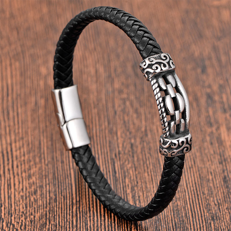 Buddha Stones Chain Link Design Titanium Steel Multi-layer Leather Balance Braided Bracelet - Single Layer(Wrist Circumference: 18-20cm) - image 9