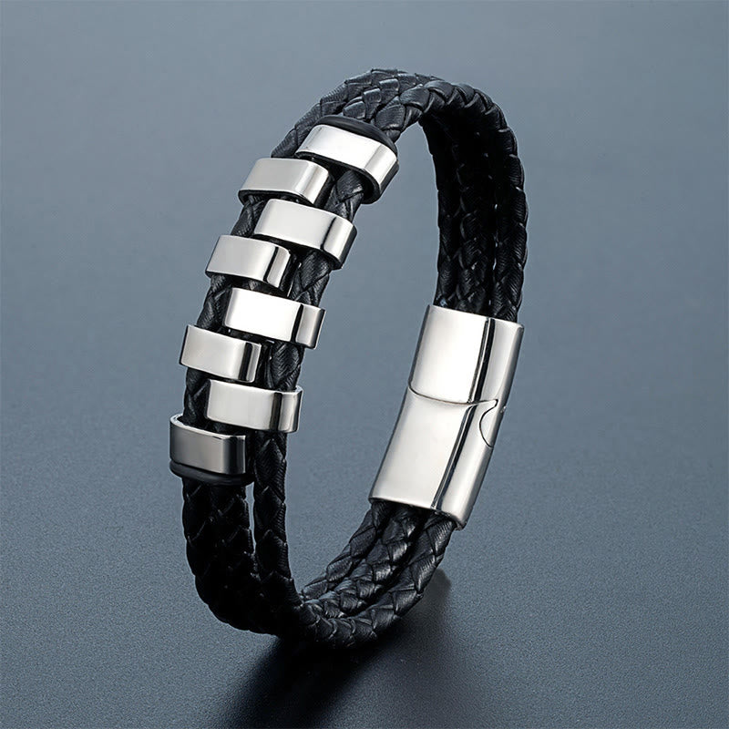 Buddha Stones Geometric Design Titanium Steel Leather Strengthen Bracelet - image 6