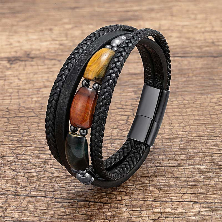 Buddha Stones Natural Tiger Eye Green Tiger Eye Red Tiger Eye Leather Strengthen Bracelet - Three colors of Tiger Eye - 18-22cm - image 0