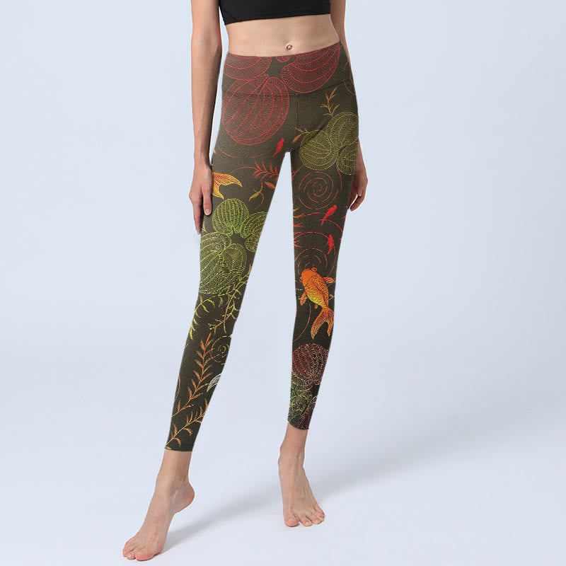 Buddha Stones Colorful Koi Fish Water Ripples Plant Pattern Print Gym Leggings Women's Yoga Pants - image 5