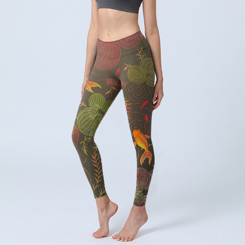 Buddha Stones Colorful Koi Fish Water Ripples Plant Pattern Print Gym Leggings Women's Yoga Pants - DarkOliveGreen - US18，UK/AU22，EU50 (4XL) - image 0