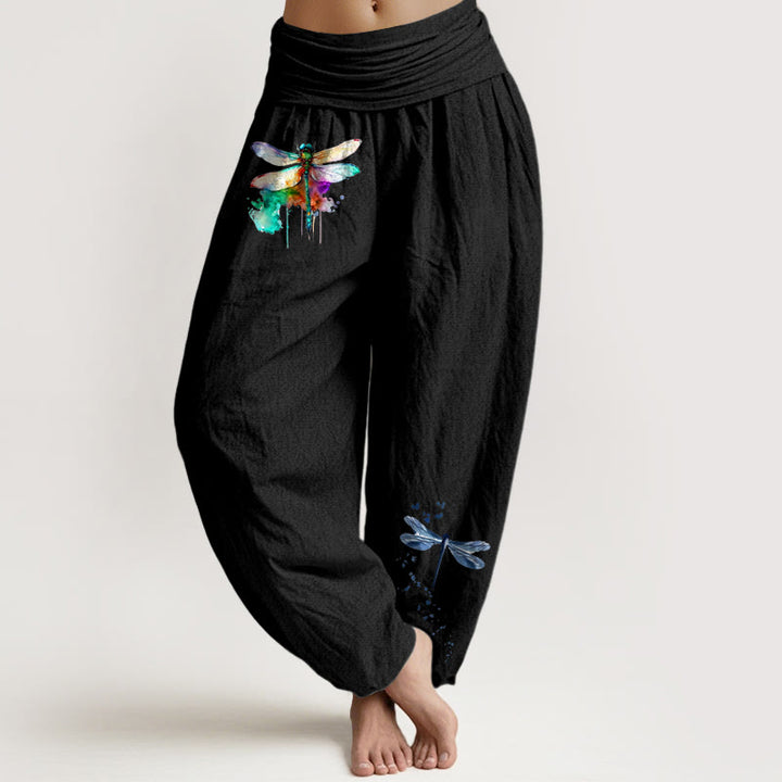 Buddha Stones Pure Cotton Dreamy Dragonfly Pattern Women's Elastic Waist Harem Pants - Black - US16，UK/AU20，EU48 (3XL) - image 0