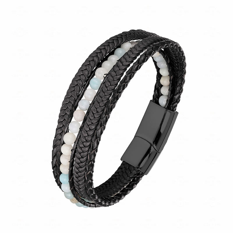 Buddha Stones Hematite Indian Agate Tiger Eye Amazonite Beaded Leather Strengthen Bracelet - Amazonite Black Buckle - 18-22cm - image 25