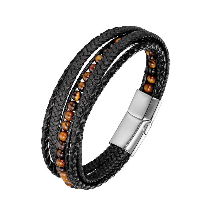 Buddha Stones Hematite Indian Agate Tiger Eye Amazonite Beaded Leather Strengthen Bracelet - Tiger Eye Silver Buckle - 18-22cm - image 5