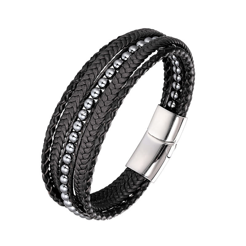 Buddha Stones Hematite Indian Agate Tiger Eye Amazonite Beaded Leather Strengthen Bracelet - Hematite Silver Buckle - 18-22cm - image 10