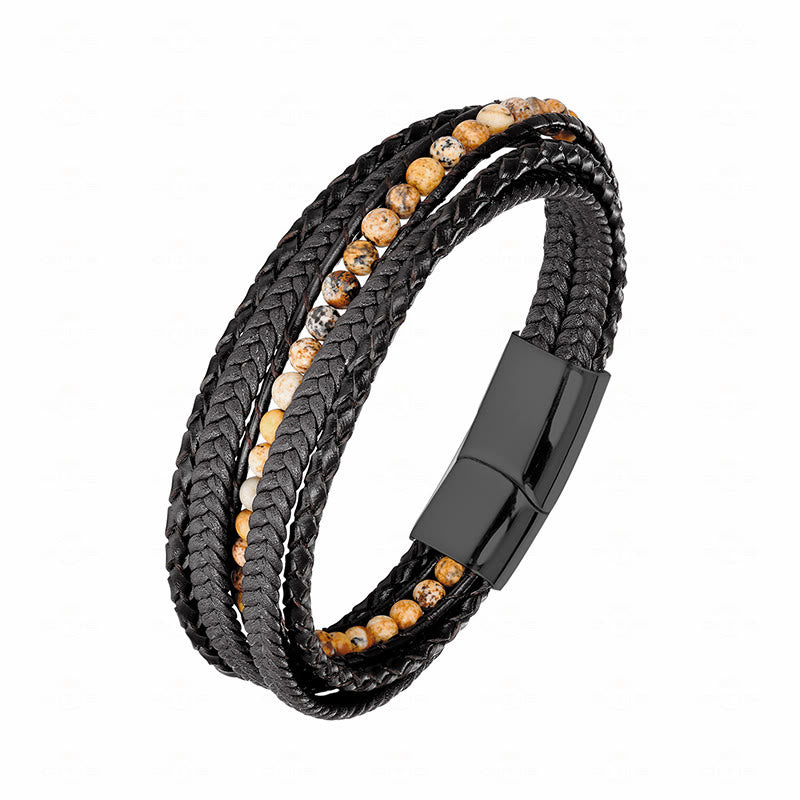 Buddha Stones Hematite Indian Agate Tiger Eye Amazonite Beaded Leather Strengthen Bracelet - Picture Jasper Black Buckle - 18-22cm - image 19