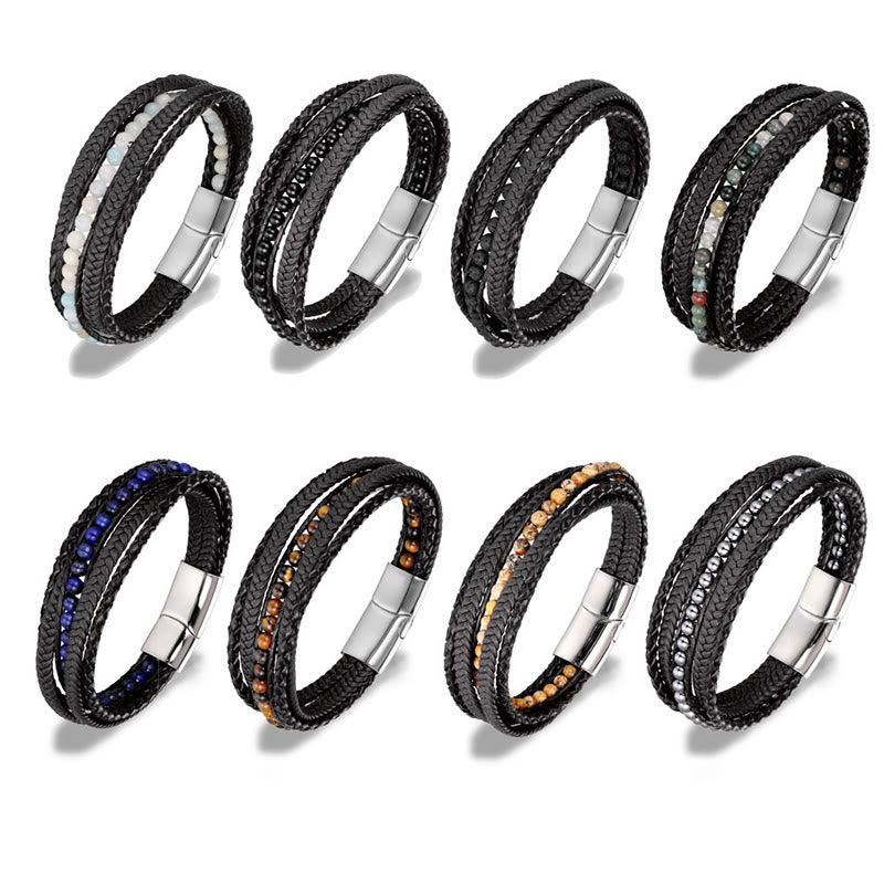 Buddha Stones Hematite Indian Agate Tiger Eye Amazonite Beaded Leather Strengthen Bracelet - image 26