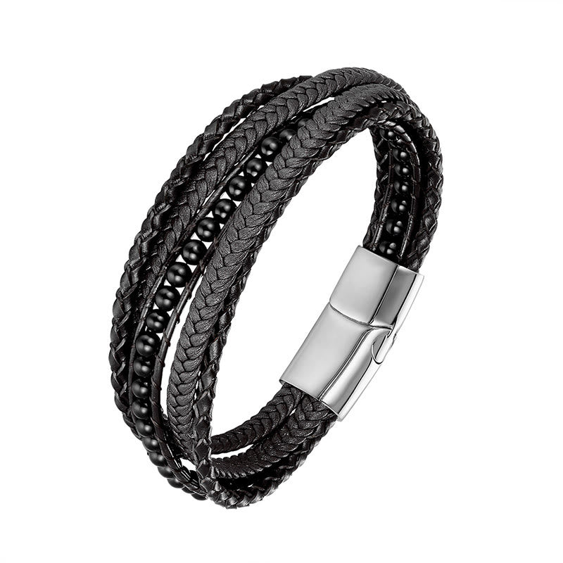 Buddha Stones Hematite Indian Agate Tiger Eye Amazonite Beaded Leather Strengthen Bracelet - Black Onyx Silver Buckle - 18-22cm - image 17