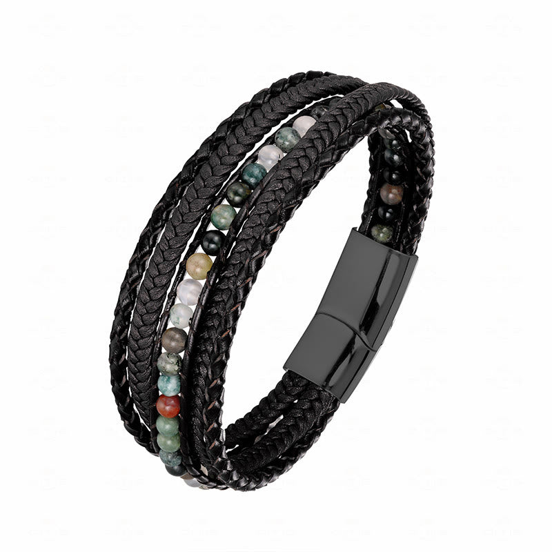 Buddha Stones Hematite Indian Agate Tiger Eye Amazonite Beaded Leather Strengthen Bracelet - Indian Agate Black Buckle - 18-22cm - image 22