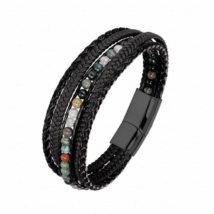 Buddha Stones Hematite Indian Agate Tiger Eye Amazonite Beaded Leather Strengthen Bracelet - Indian Agate Black Buckle - 18-22cm - image 22