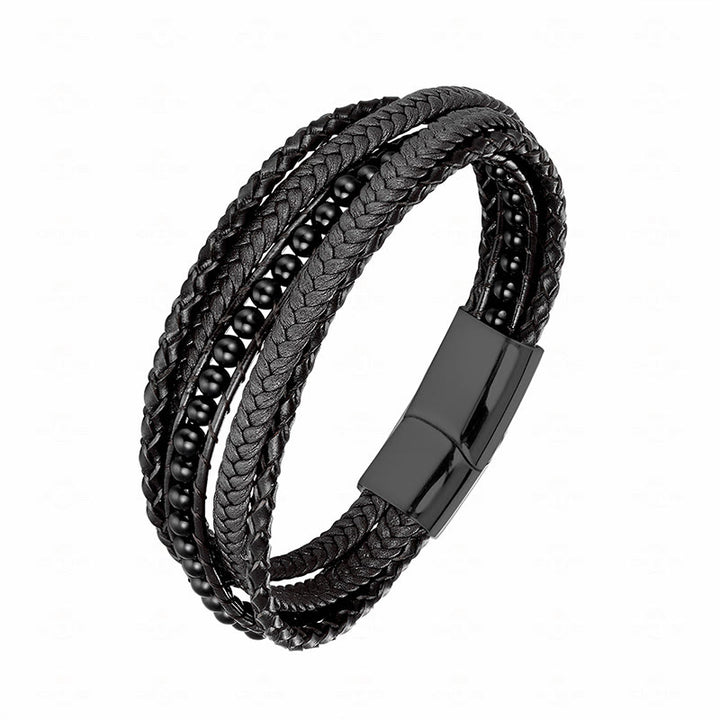 Buddha Stones Hematite Indian Agate Tiger Eye Amazonite Beaded Leather Strengthen Bracelet - Black Onyx Black Buckle - 18-22cm - image 24