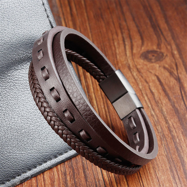 Buddha Stones Titanium Steel Buckle Multilayered Braided Leather Calm Bracelet - image 16