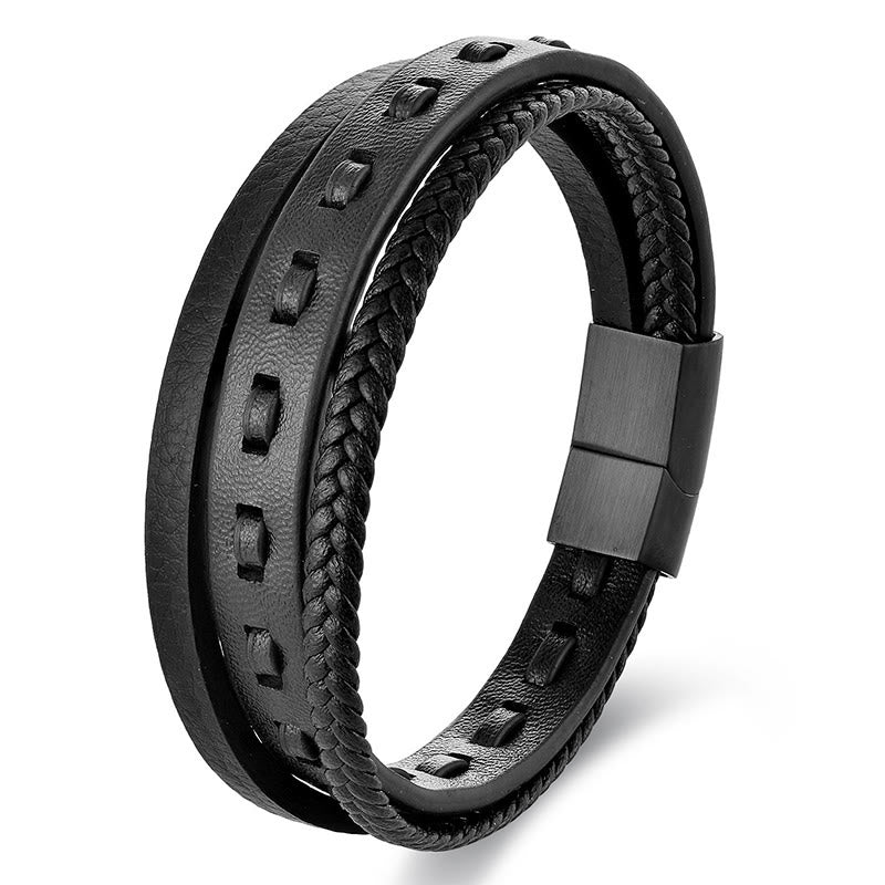 Buddha Stones Titanium Steel Buckle Multilayered Braided Leather Calm Bracelet - Black Multi Layer(Wrist Circumference: 18-20cm) - image 1