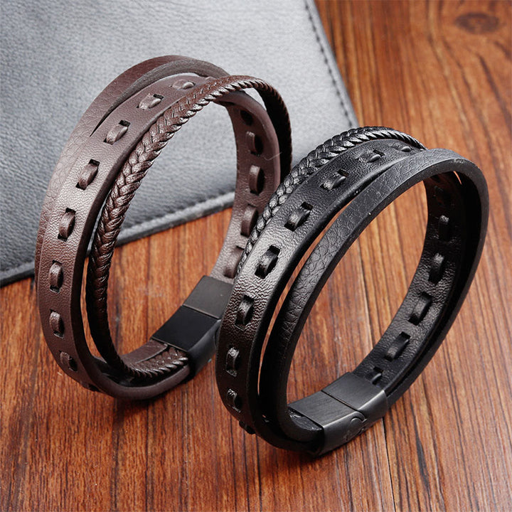 Buddha Stones Titanium Steel Buckle Multilayered Braided Leather Calm Bracelet - image 18