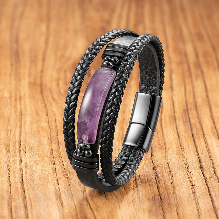 Buddha Stones Hematite Lazurite Lapis Lazuli Black Glitter Stone Pink Crystal Titanium Steel Leather Strengthen Bracelet - Amethyst - 18-22cm - image 12