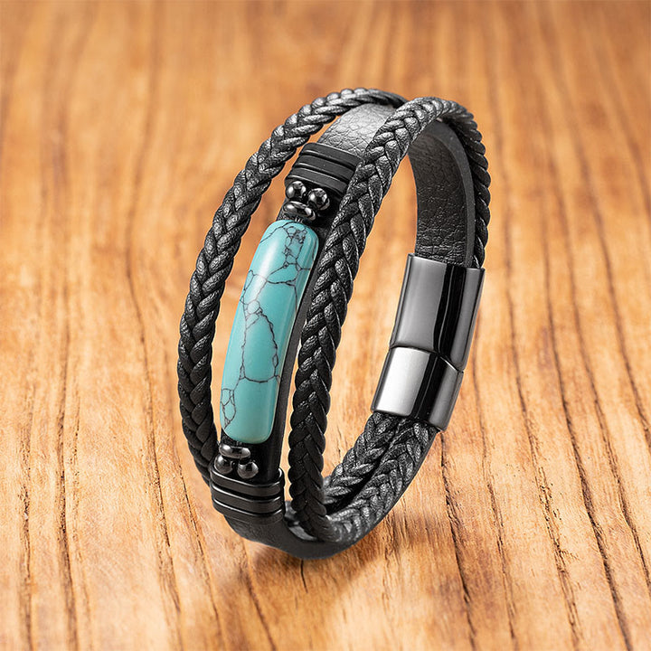 Buddha Stones Hematite Lazurite Black Glitter Stone Pink Crystal Titanium Steel Leather Strengthen Bracelet - Turquoise - 18-22cm - image 10