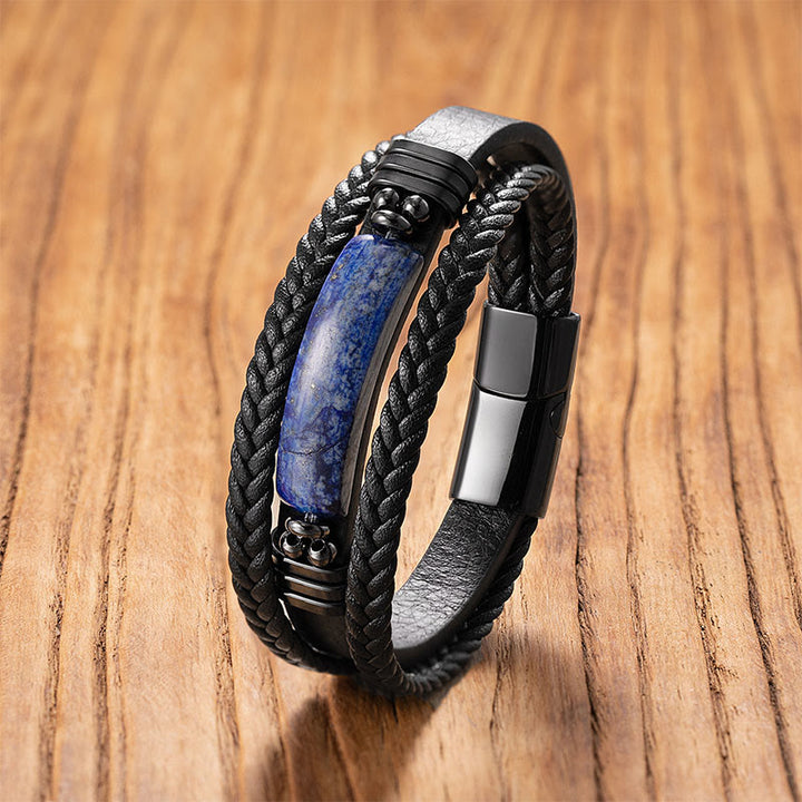 Buddha Stones Hematite Lazurite Lapis Lazuli Black Glitter Stone Pink Crystal Titanium Steel Leather Strengthen Bracelet - Lazurite - 18-22cm - image 3