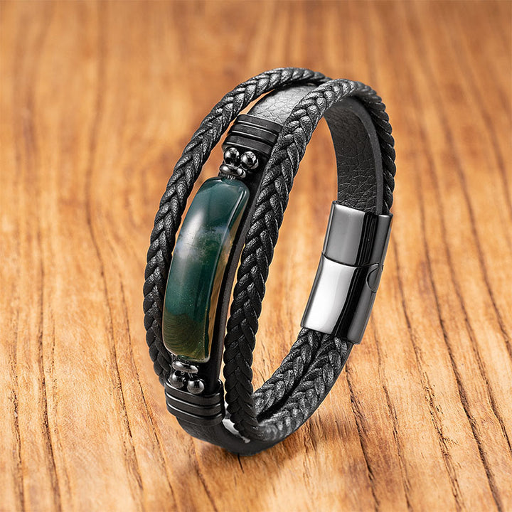 Buddha Stones Hematite Lazurite Black Glitter Stone Pink Crystal Titanium Steel Leather Strengthen Bracelet - Green Agate - 18-22cm - image 23