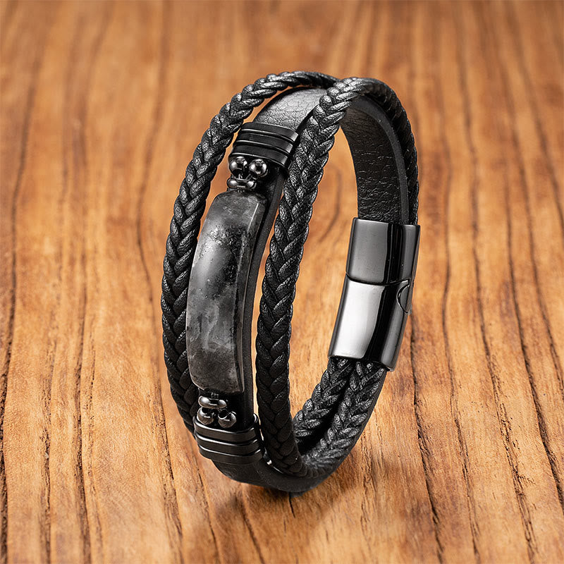 Buddha Stones Hematite Lazurite Black Glitter Stone Pink Crystal Titanium Steel Leather Strengthen Bracelet - Black Glitter Stone - 18-22cm - image 5