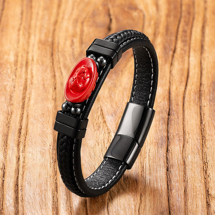 Buddha Stones Cinnabar Buddha Symbol Koi Fish Dragon Fu Character Pi Xiu Design Leather Blessing Bracelet - Ingot&Fu Character - 18-22cm - image 8