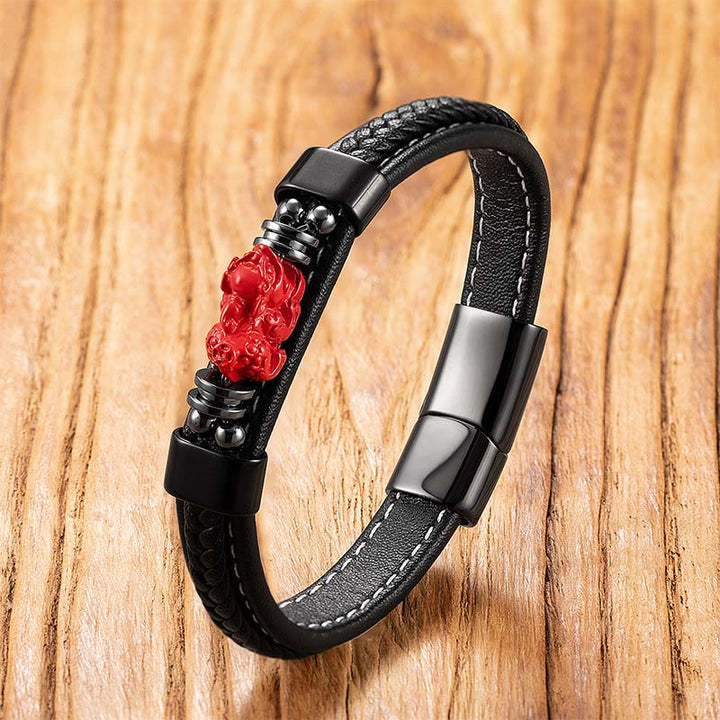 Buddha Stones Cinnabar Buddha Symbol Koi Fish Dragon Fu Character Pi Xiu Design Leather Blessing Bracelet - Pixiu - 18-22cm - image 13