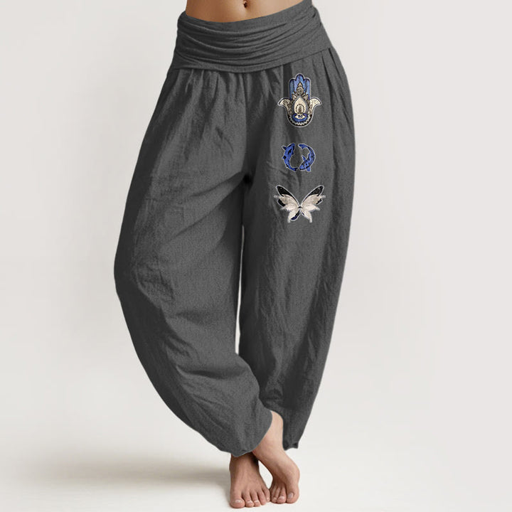 Buddha Stones Pure Cotton Hamsa's Hand Koi Fish Butterfly Pattern Women's Elastic Waist Harem Pants - DimGray - US16，UK/AU20，EU48 (3XL) - image 11
