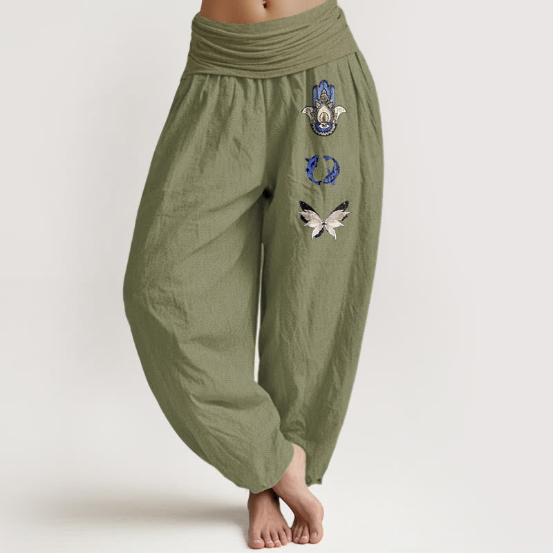 Buddha Stones Pure Cotton Hamsa's Hand Koi Fish Butterfly Pattern Women's Elastic Waist Harem Pants - OliveDrab - US16，UK/AU20，EU48 (3XL) - image 14