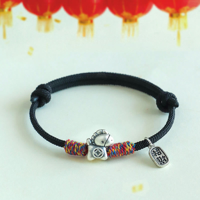 Buddha Stones 999 Sterling Silver Year Of The Horse Fu Character Attract Fortune String Rope Luck Bracelet - Black Rope(Wrist Circumference: 14-19cm) - image 14