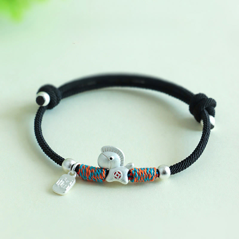 Buddha Stones 999 Sterling Silver Year Of The Horse Fu Character Charm Colorful String Rope Luck Bracelet - Silver Horse Black Rope(Wrist Circumference: 14-19cm) - image 19