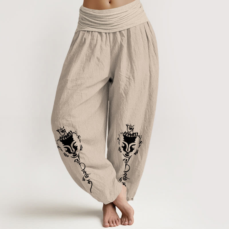 Buddha Stones Pure Cotton Concise Om Symbol Buddha Pattern Women's Elastic Waist Harem Pants - Tan - US16，UK/AU20，EU48 (3XL) - image 11