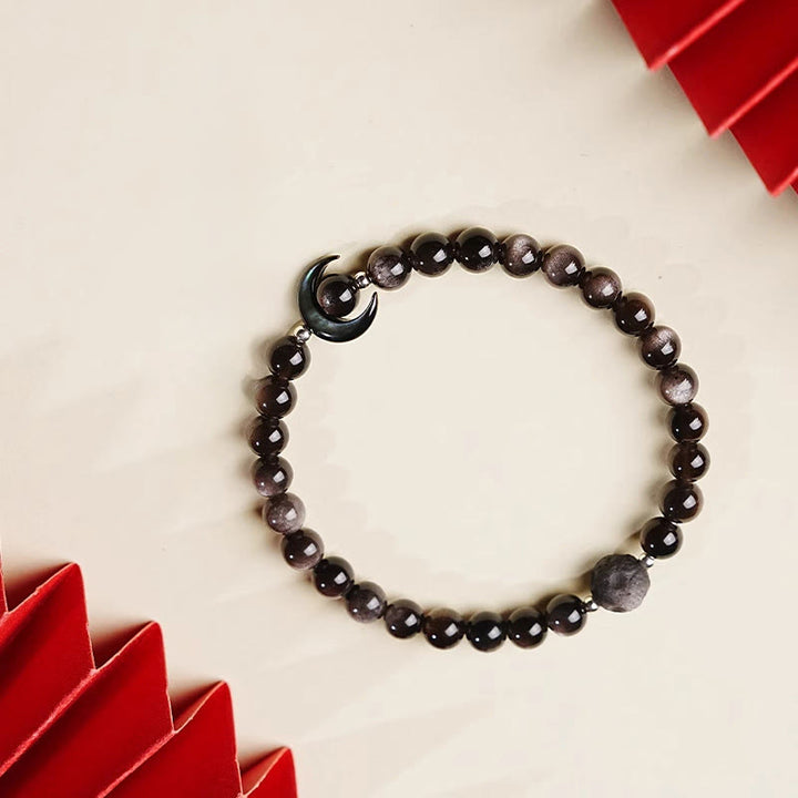 Buddha Stones Moon Design Natural Silver Sheen Obsidian Protection Beaded Bracelet - image 2