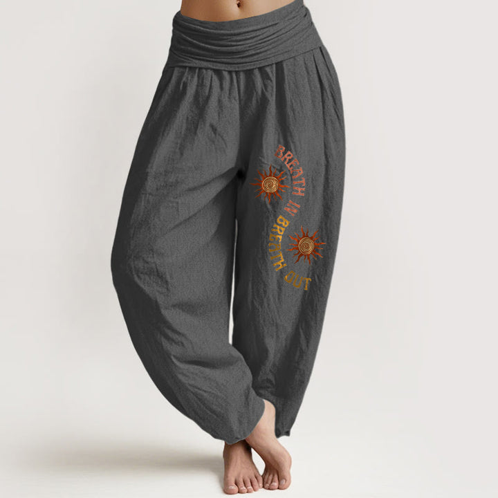 Buddha Stones Pure Cotton Warm Tones Sun English Phrases Pattern Women's Elastic Waist Harem Pants - DimGray - US16，UK/AU20，EU48 (3XL) - image 8