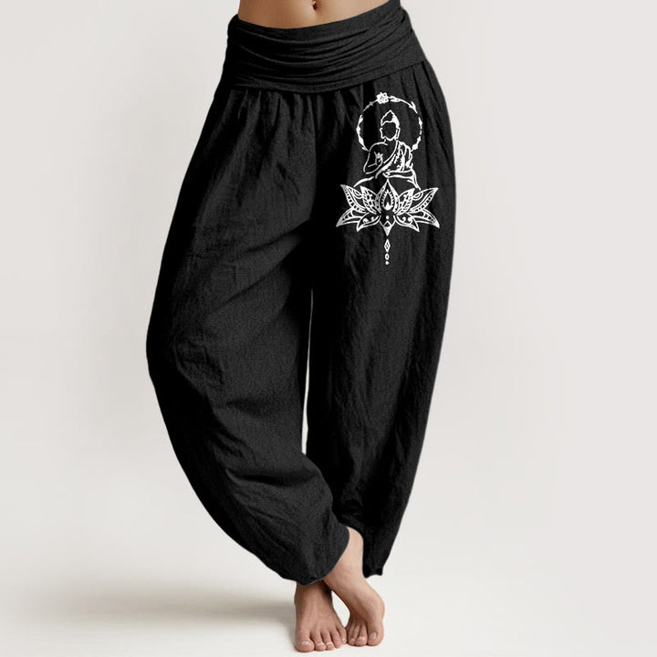 Buddha Stones Pure Cotton Concise Lotus Buddha Pattern Women's Elastic Waist Harem Pants - Black - US16，UK/AU20，EU48 (3XL) - image 5