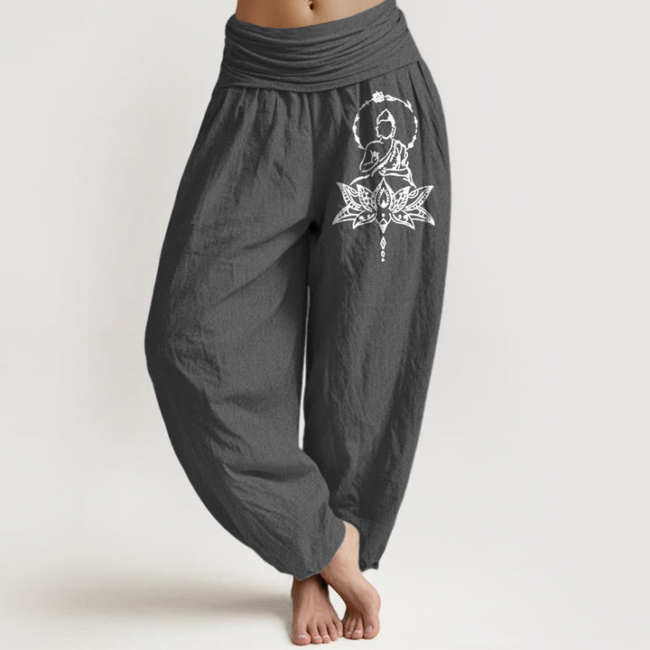 Buddha Stones Pure Cotton Concise Lotus Buddha Pattern Women's Elastic Waist Harem Pants - DimGray - US16，UK/AU20，EU48 (3XL) - image 8