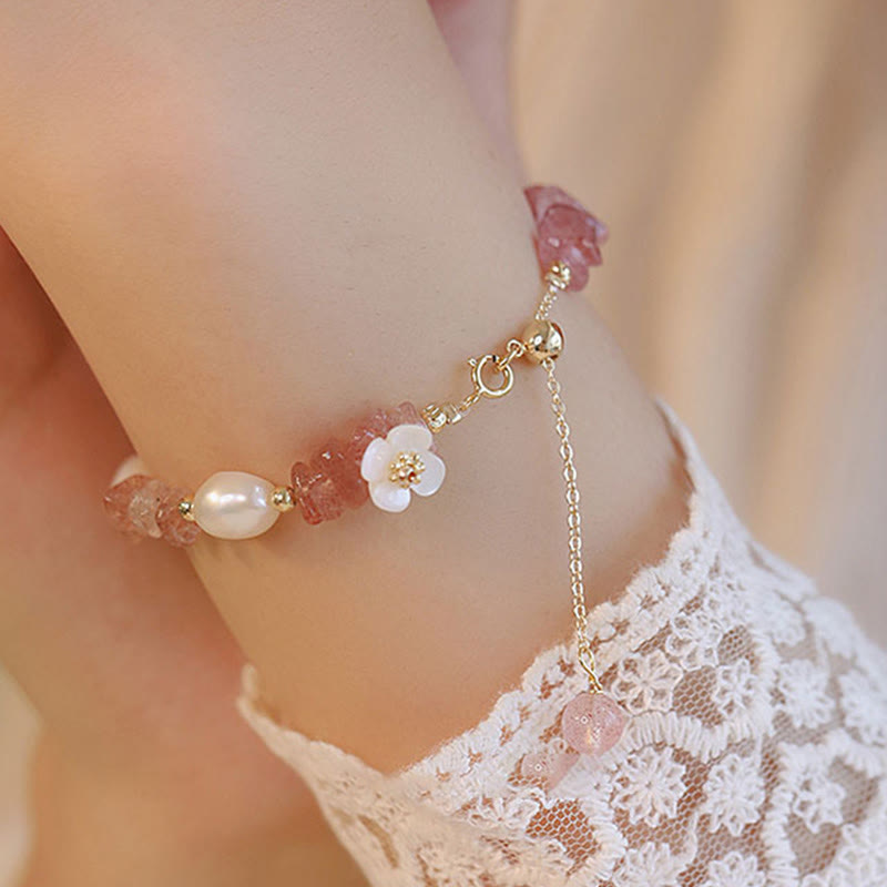 Buddha Stones White Flower Pearl Natural Irregular Strawberry Quartz Healing Chain Bracelet - image 2