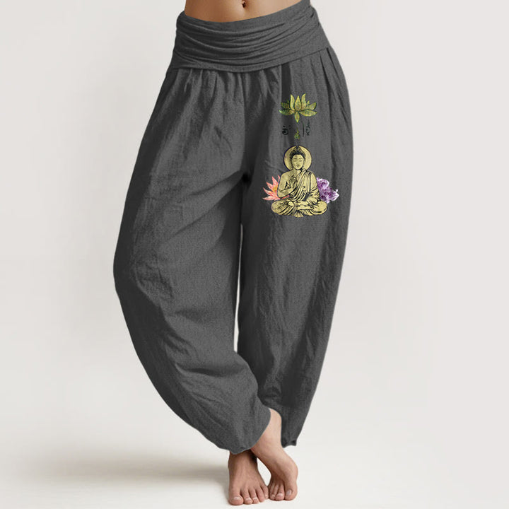 Buddha Stones Pure Cotton Traditional Lotus Buddha Pattern Women's Elastic Waist Harem Pants - DimGray - US16，UK/AU20，EU48 (3XL) - image 8