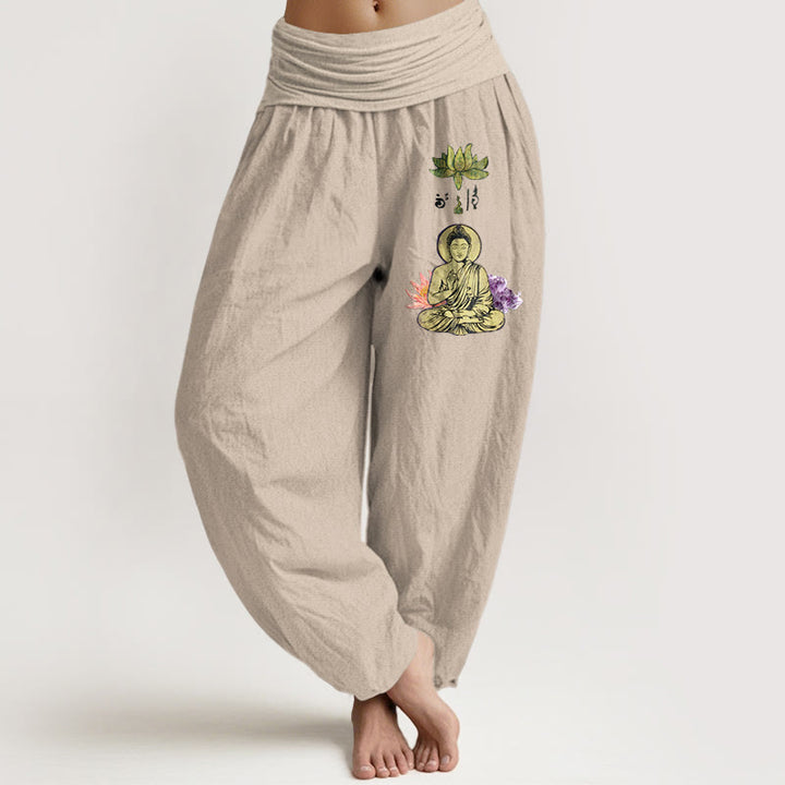 Buddha Stones Pure Cotton Traditional Lotus Buddha Pattern Women's Elastic Waist Harem Pants - Tan - US16，UK/AU20，EU48 (3XL) - image 11
